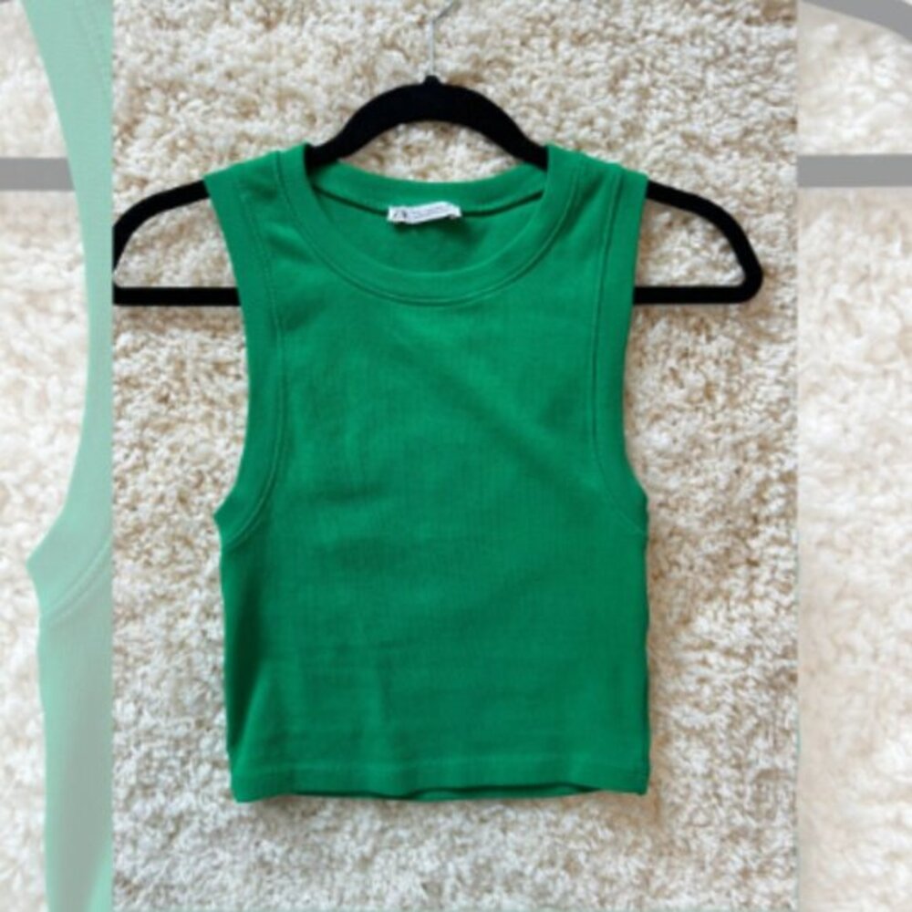 Zara Womens Round Neck Sleeveless Rib Fitted Pullover Crop Tank Top Green Medium